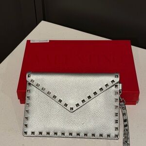 Valentino Silver Rockstud Envelope Clutch Wristlet
